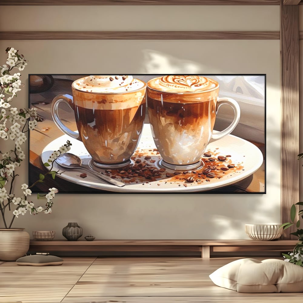 Tablou canvas cu tablou canvas cu cesti de cafea, in rama de aluminiu negru